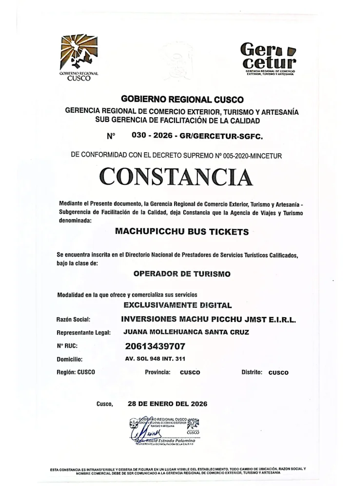 Certificado Oficial DIRCETUR - Inversiones Machu Picchu JMST